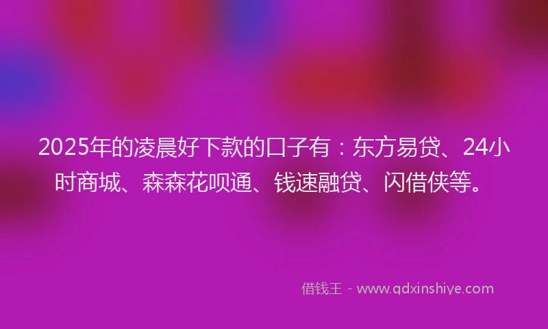 2025年的凌晨好下款的口子有：东方易贷、24小时商城、森森花呗通、钱速融贷、闪借侠等。