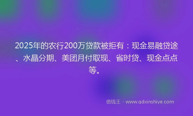 2025年的农行200万贷款被拒有：现金易融贷途、水晶分期、美团月付取现、省时贷、现金点点等。