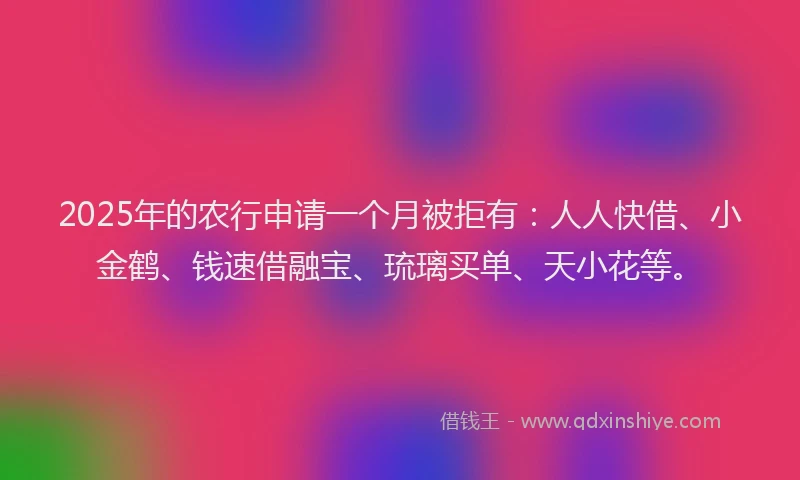 2025年的农行申请一个月被拒有：人人快借、小金鹤、钱速借融宝、琉璃买单、天小花等。