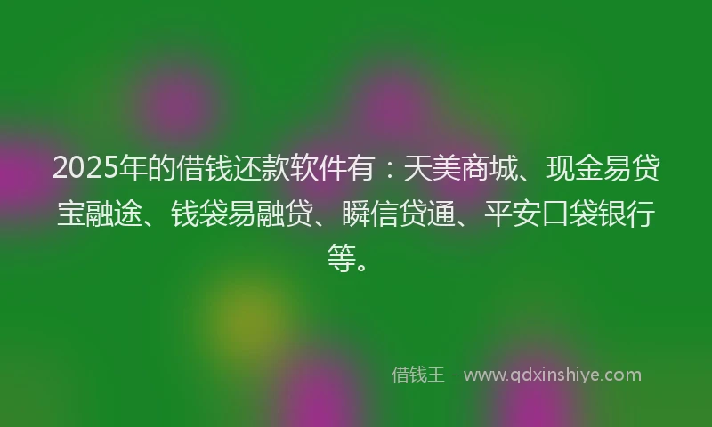 2025年的借钱还款软件有：天美商城、现金易贷宝融途、钱袋易融贷、瞬信贷通、平安口袋银行等。