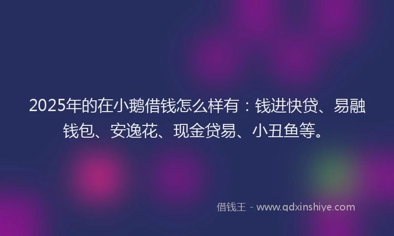 2025年的在小鹅借钱怎么样有：钱进快贷、易融钱包、安逸花、现金贷易、小丑鱼等。