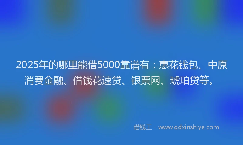 2025年的哪里能借5000靠谱有：惠花钱包、中原消费金融、借钱花速贷、银票网、琥珀贷等。