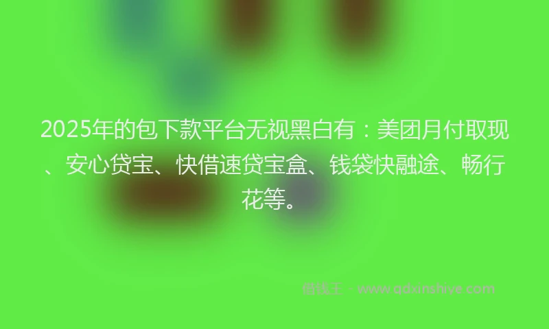 2025年的包下款平台无视黑白有：美团月付取现、安心贷宝、快借速贷宝盒、钱袋快融途、畅行花等。
