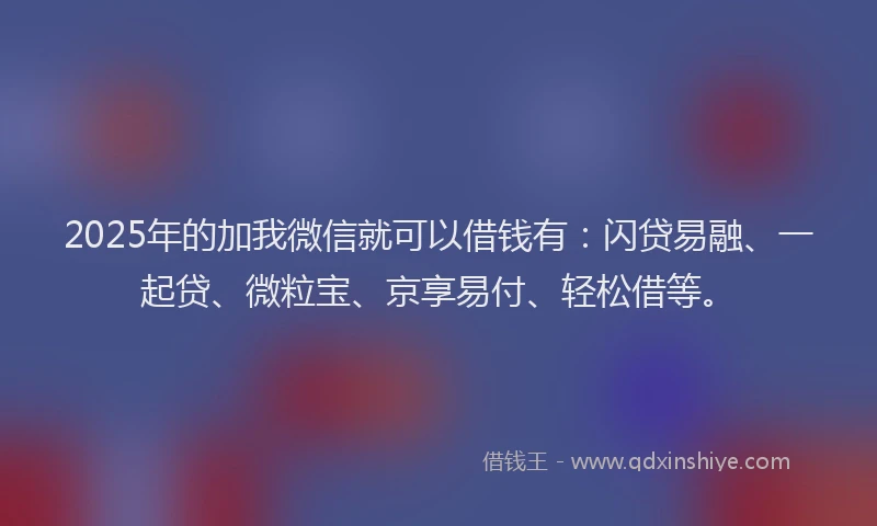2025年的加我微信就可以借钱有：闪贷易融、一起贷、微粒宝、京享易付、轻松借等。