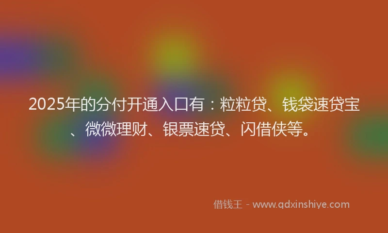 2025年的分付开通入口有：粒粒贷、钱袋速贷宝、微微理财、银票速贷、闪借侠等。