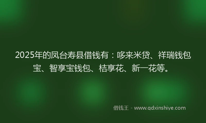 2025年的凤台寿县借钱有：哆来米贷、祥瑞钱包宝、智享宝钱包、桔享花、新一花等。