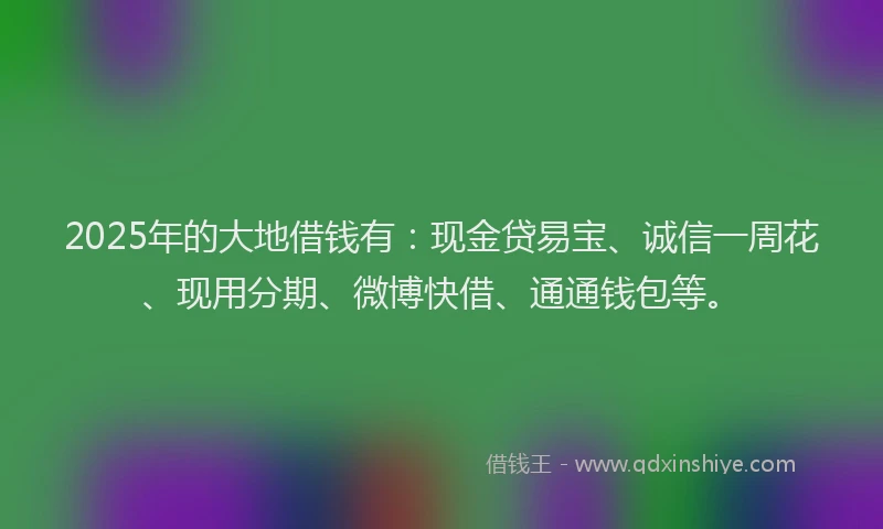 2025年的大地借钱有：现金贷易宝、诚信一周花、现用分期、微博快借、通通钱包等。