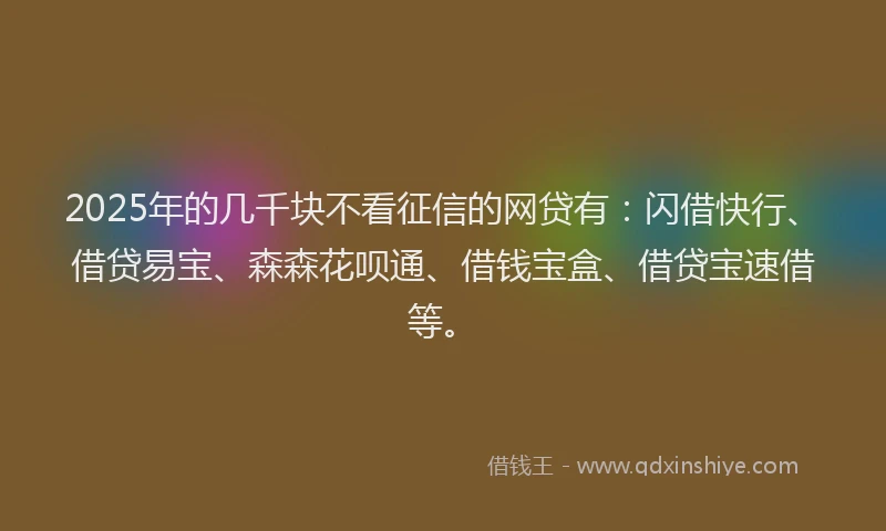 2025年的几千块不看征信的网贷有：闪借快行、借贷易宝、森森花呗通、借钱宝盒、借贷宝速借等。