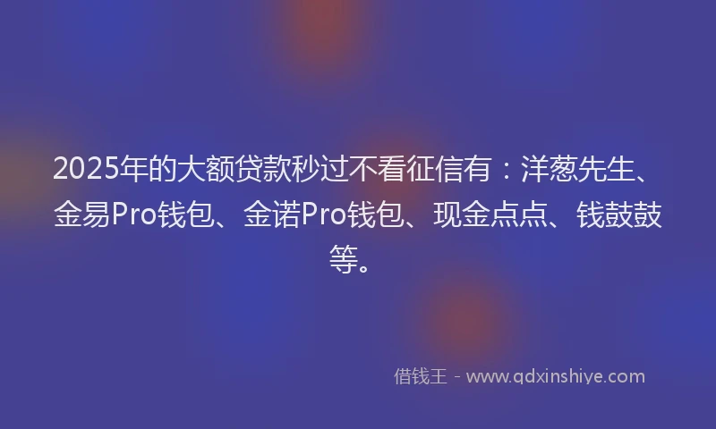 2025年的大额贷款秒过不看征信有：洋葱先生、金易Pro钱包、金诺Pro钱包、现金点点、钱鼓鼓等。