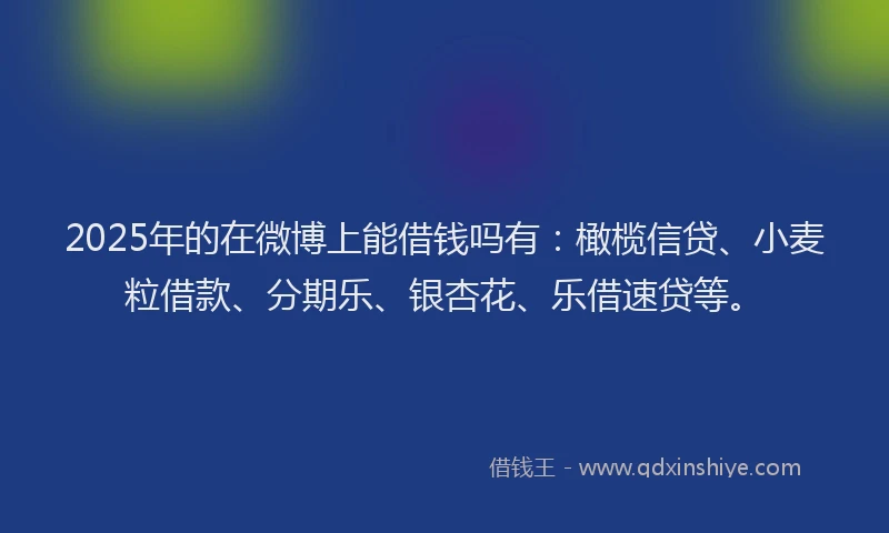2025年的在微博上能借钱吗有：橄榄信贷、小麦粒借款、分期乐、银杏花、乐借速贷等。