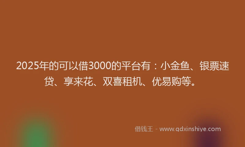 2025年的可以借3000的平台有：小金鱼、银票速贷、享来花、双喜租机、优易购等。