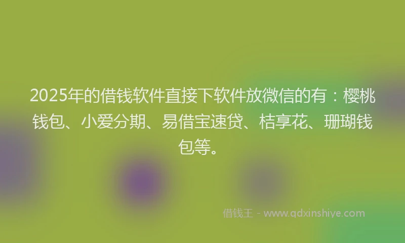 2025年的借钱软件直接下软件放微信的有：樱桃钱包、小爱分期、易借宝速贷、桔享花、珊瑚钱包等。