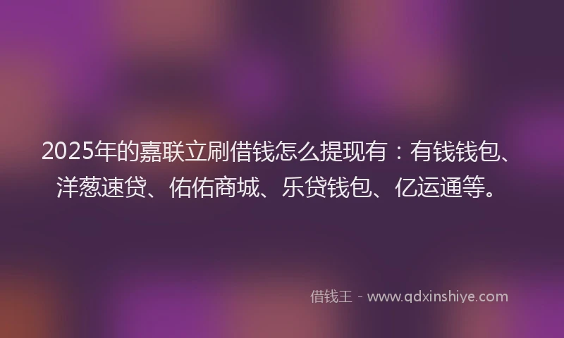2025年的嘉联立刷借钱怎么提现有：有钱钱包、洋葱速贷、佑佑商城、乐贷钱包、亿运通等。