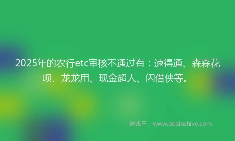 2025年的农行etc审核不通过有：速得通、森森花呗、龙龙用、现金超人、闪借侠等。