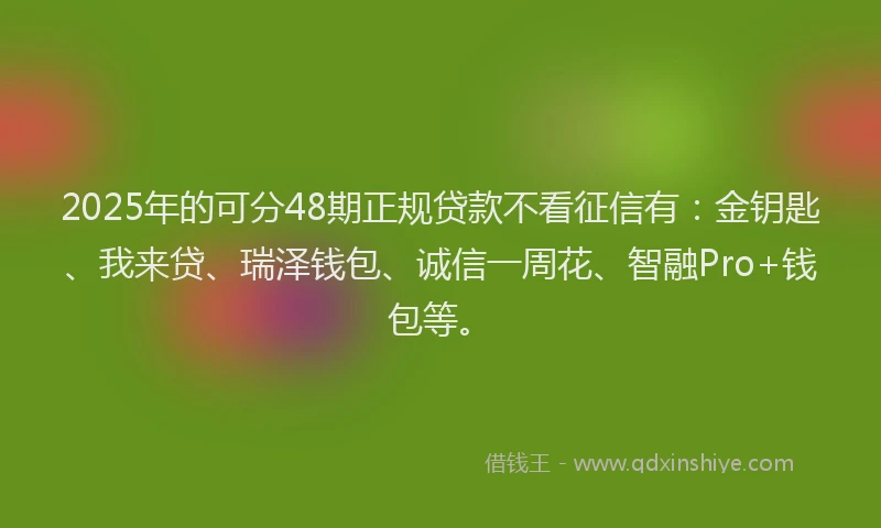 2025年的可分48期正规贷款不看征信有：金钥匙、我来贷、瑞泽钱包、诚信一周花、智融Pro+钱包等。