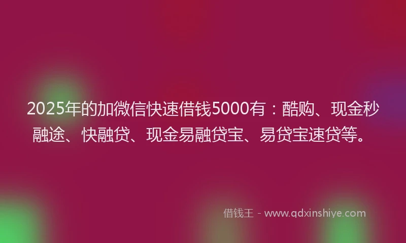 2025年的加微信快速借钱5000有：酷购、现金秒融途、快融贷、现金易融贷宝、易贷宝速贷等。