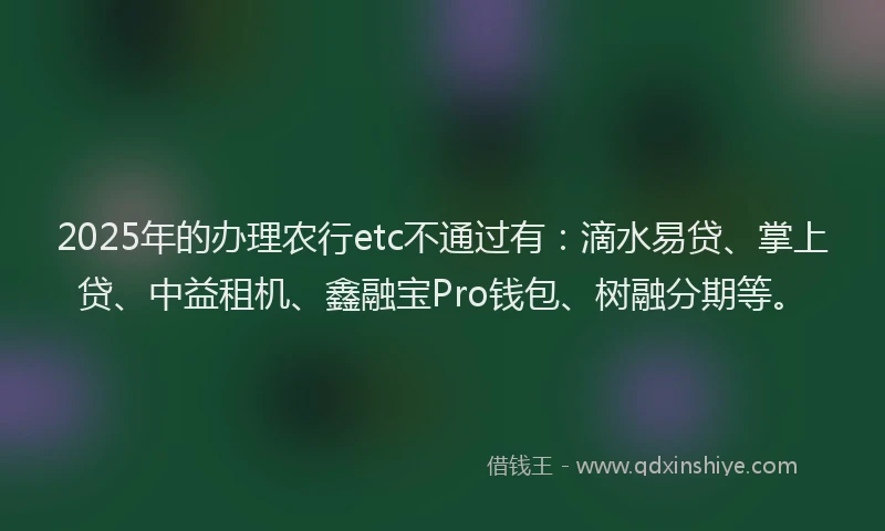 2025年的办理农行etc不通过有：滴水易贷、掌上贷、中益租机、鑫融宝Pro钱包、树融分期等。