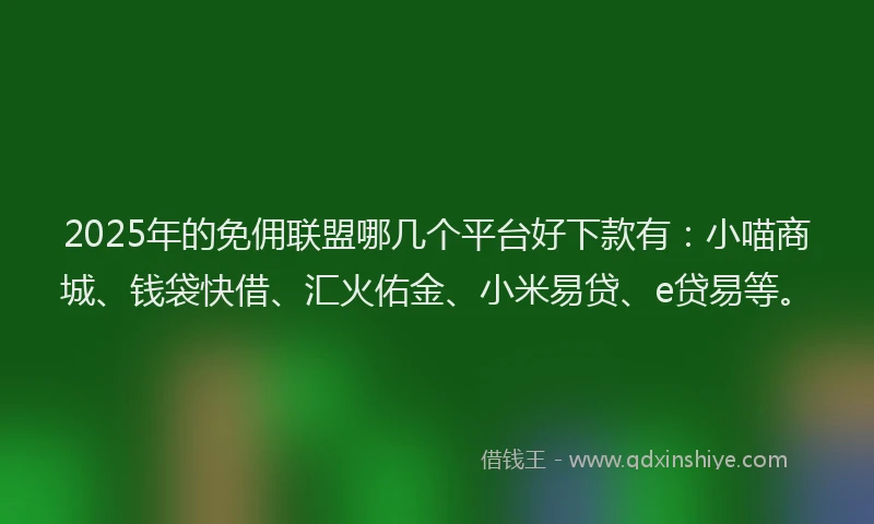 2025年的免佣联盟哪几个平台好下款有：小喵商城、钱袋快借、汇火佑金、小米易贷、e贷易等。