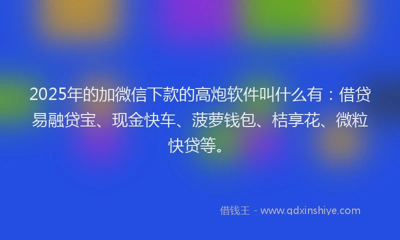 2025年的加微信下款的高炮软件叫什么有：借贷易融贷宝、现金快车、菠萝钱包、桔享花、微粒快贷等。