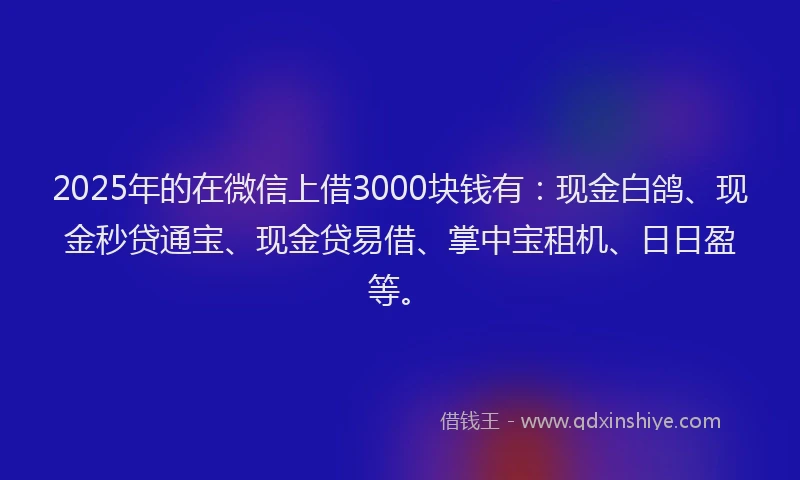 2025年的在微信上借3000块钱有：现金白鸽、现金秒贷通宝、现金贷易借、掌中宝租机、日日盈等。