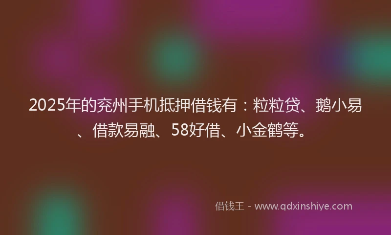 2025年的兖州手机抵押借钱有：粒粒贷、鹅小易、借款易融、58好借、小金鹤等。