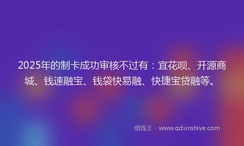 2025年的制卡成功审核不过有：宜花呗、开源商城、钱速融宝、钱袋快易融、快捷宝贷融等。