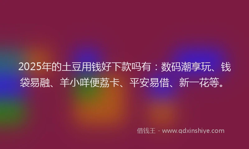2025年的土豆用钱好下款吗有：数码潮享玩、钱袋易融、羊小咩便荔卡、平安易借、新一花等。