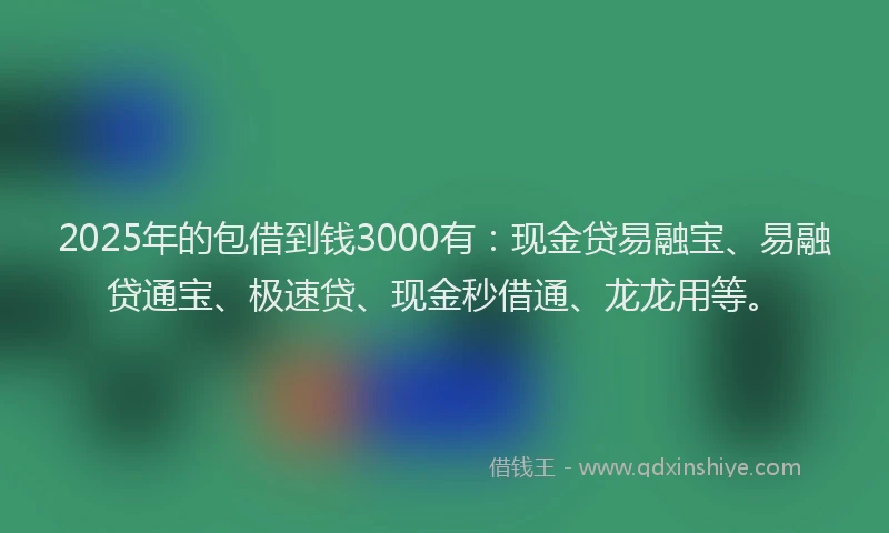 2025年的包借到钱3000有：现金贷易融宝、易融贷通宝、极速贷、现金秒借通、龙龙用等。