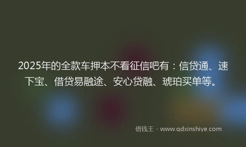 2025年的全款车押本不看征信吧有：信贷通、速下宝、借贷易融途、安心贷融、琥珀买单等。