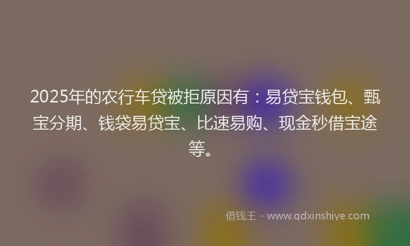 2025年的农行车贷被拒原因有：易贷宝钱包、甄宝分期、钱袋易贷宝、比速易购、现金秒借宝途等。