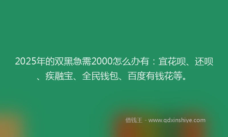 2025年的双黑急需2000怎么办有：宜花呗、还呗、疾融宝、全民钱包、百度有钱花等。