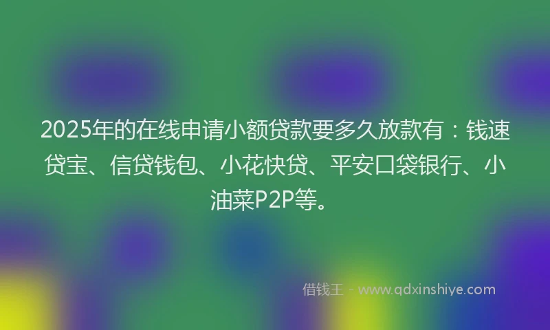 2025年的在线申请小额贷款要多久放款有：钱速贷宝、信贷钱包、小花快贷、平安口袋银行、小油菜P2P等。