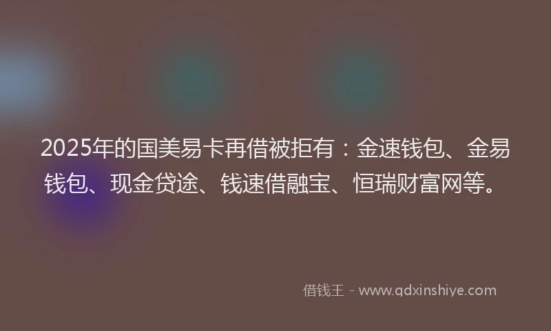 2025年的国美易卡再借被拒有：金速钱包、金易钱包、现金贷途、钱速借融宝、恒瑞财富网等。