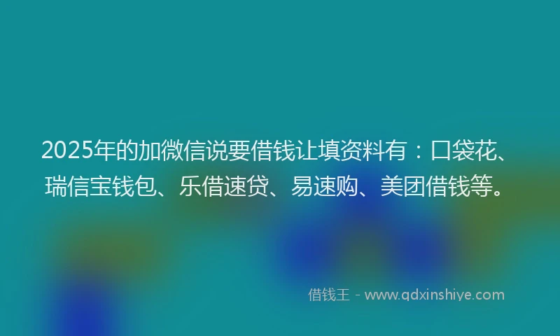 2025年的加微信说要借钱让填资料有：口袋花、瑞信宝钱包、乐借速贷、易速购、美团借钱等。