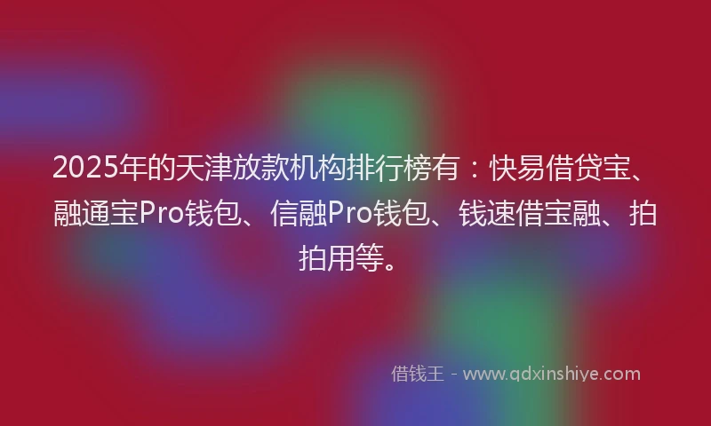 2025年的天津放款机构排行榜有：快易借贷宝、融通宝Pro钱包、信融Pro钱包、钱速借宝融、拍拍用等。
