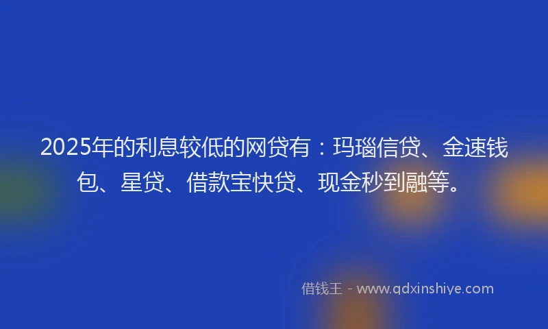 2025年的利息较低的网贷有：玛瑙信贷、金速钱包、星贷、借款宝快贷、现金秒到融等。
