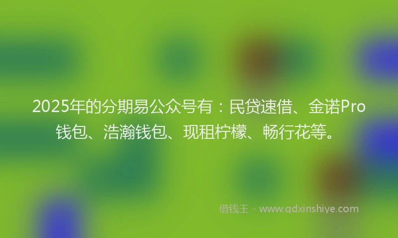 2025年的分期易公众号有：民贷速借、金诺Pro钱包、浩瀚钱包、现租柠檬、畅行花等。