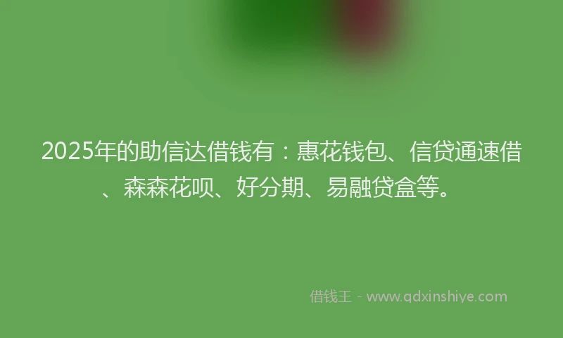 2025年的助信达借钱有：惠花钱包、信贷通速借、森森花呗、好分期、易融贷盒等。