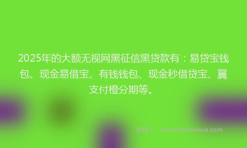 2025年的大额无视网黑征信黑贷款有：易贷宝钱包、现金易借宝、有钱钱包、现金秒借贷宝、翼支付橙分期等。