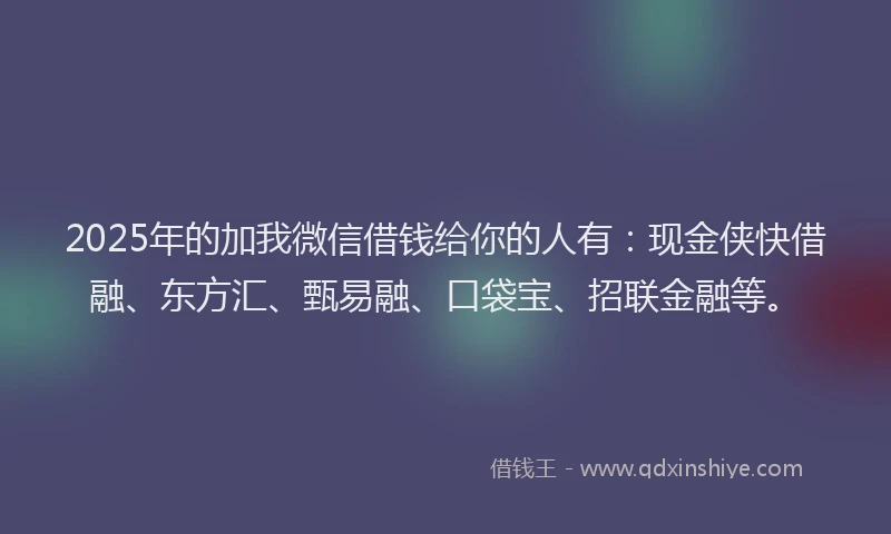 2025年的加我微信借钱给你的人有：现金侠快借融、东方汇、甄易融、口袋宝、招联金融等。