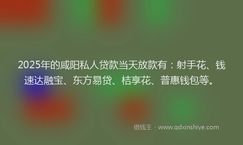 2025年的咸阳私人贷款当天放款有：射手花、钱速达融宝、东方易贷、桔享花、普惠钱包等。