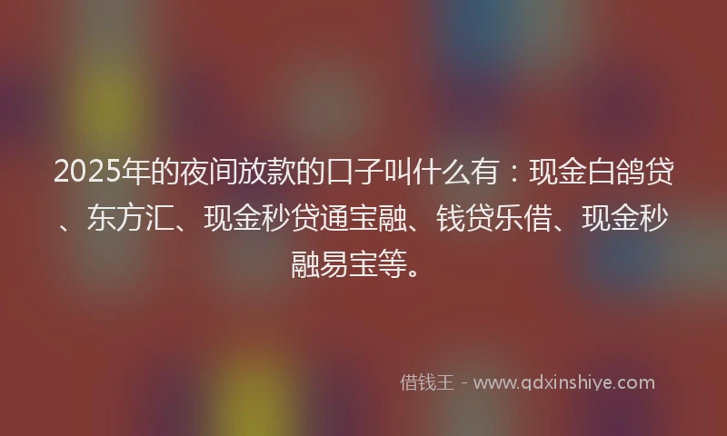 2025年的夜间放款的口子叫什么有：现金白鸽贷、东方汇、现金秒贷通宝融、钱贷乐借、现金秒融易宝等。
