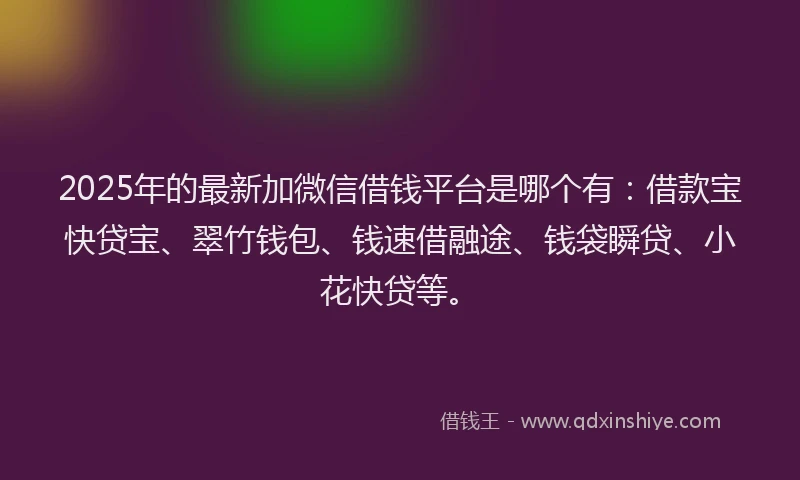 2025年的最新加微信借钱平台是哪个有：借款宝快贷宝、翠竹钱包、钱速借融途、钱袋瞬贷、小花快贷等。