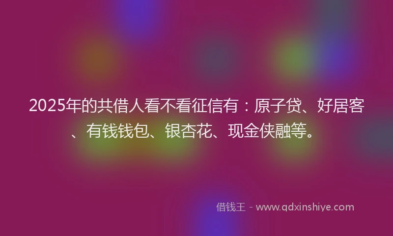 2025年的共借人看不看征信有：原子贷、好居客、有钱钱包、银杏花、现金侠融等。