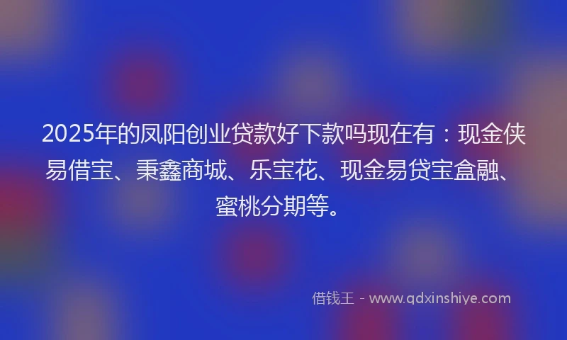 2025年的凤阳创业贷款好下款吗现在有：现金侠易借宝、秉鑫商城、乐宝花、现金易贷宝盒融、蜜桃分期等。