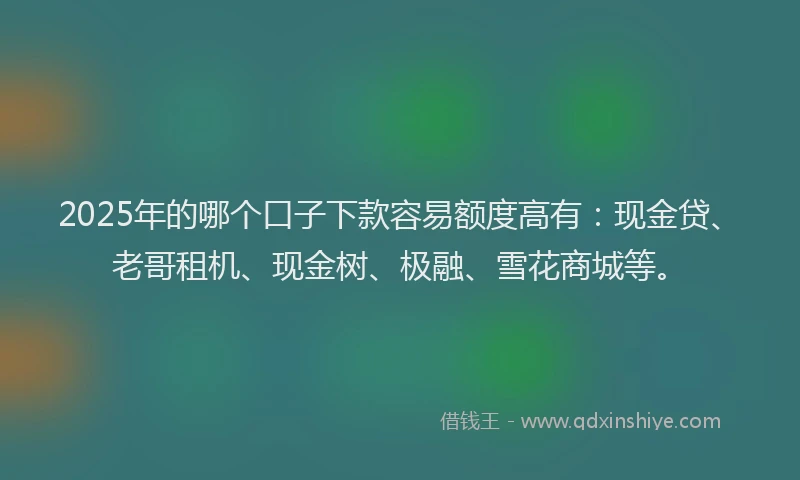 2025年的哪个口子下款容易额度高有：现金贷、老哥租机、现金树、极融、雪花商城等。