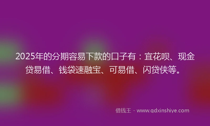 2025年的分期容易下款的口子有：宜花呗、现金贷易借、钱袋速融宝、可易借、闪贷侠等。