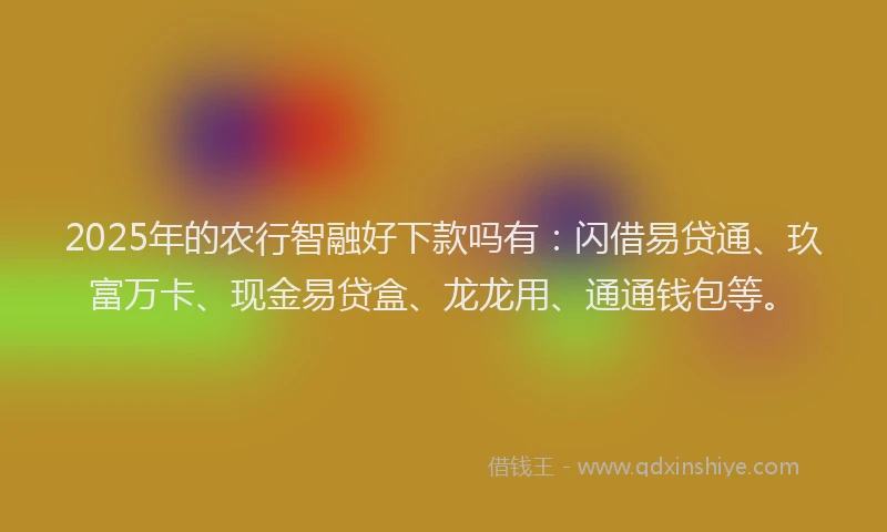 2025年的农行智融好下款吗有：闪借易贷通、玖富万卡、现金易贷盒、龙龙用、通通钱包等。