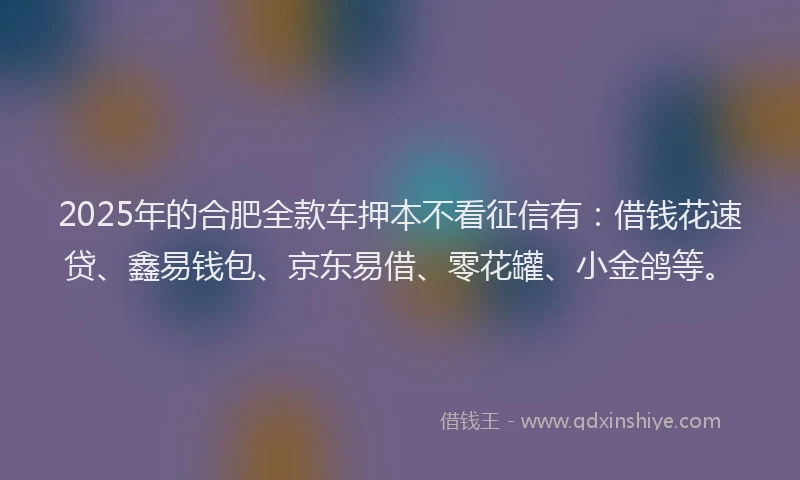 2025年的合肥全款车押本不看征信有：借钱花速贷、鑫易钱包、京东易借、零花罐、小金鸽等。
