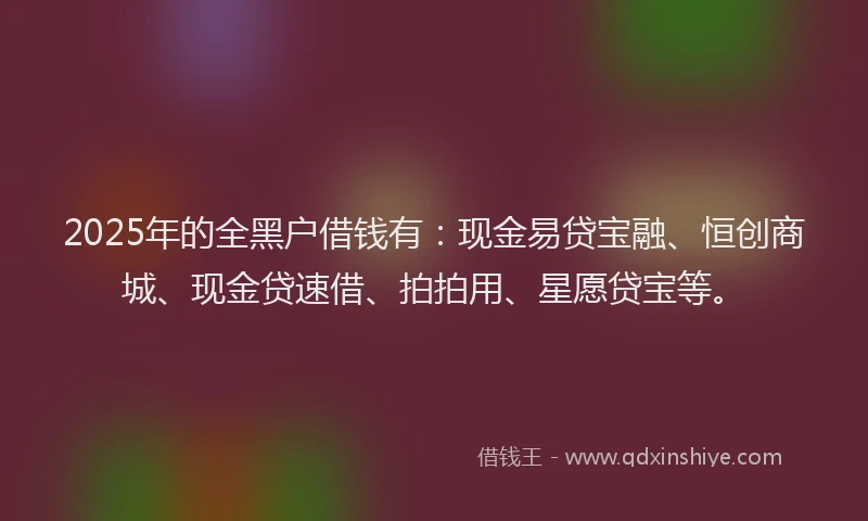 2025年的全黑户借钱有：现金易贷宝融、恒创商城、现金贷速借、拍拍用、星愿贷宝等。